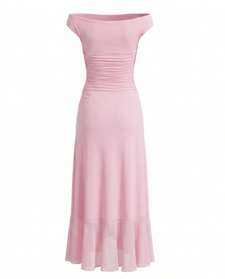 Pink Off-Shoulder Ruched Ruffled Slit Hem Maxi Dress