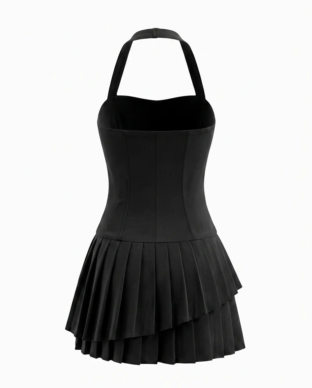 Black Halter Neck Corset Mini Dress With Layered Pleated Hem