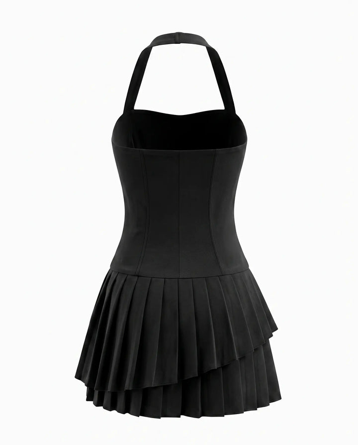 Black Halter Neck Corset Mini Dress With Layered Pleated Hem