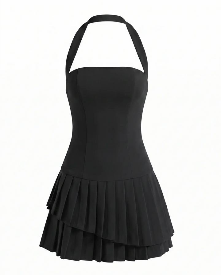 Black Halter Neck Corset Mini Dress With Layered Pleated Hem
