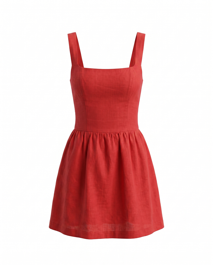 Red Linen Square Neck A-Line Mini Dress