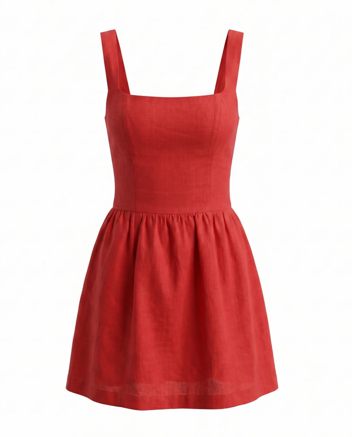 Red Linen Square Neck A-Line Mini Dress