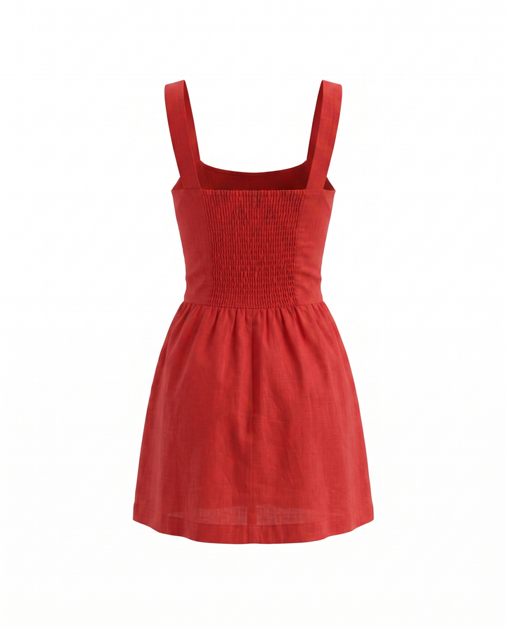 Red Linen Square Neck A-Line Mini Dress