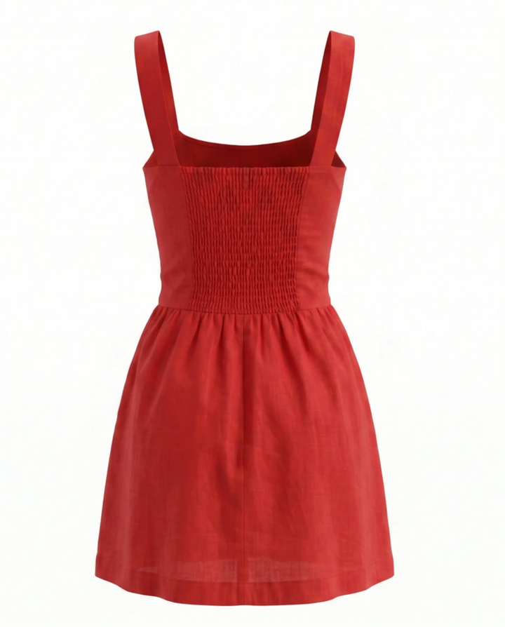 Red Linen Square Neck A-Line Mini Dress