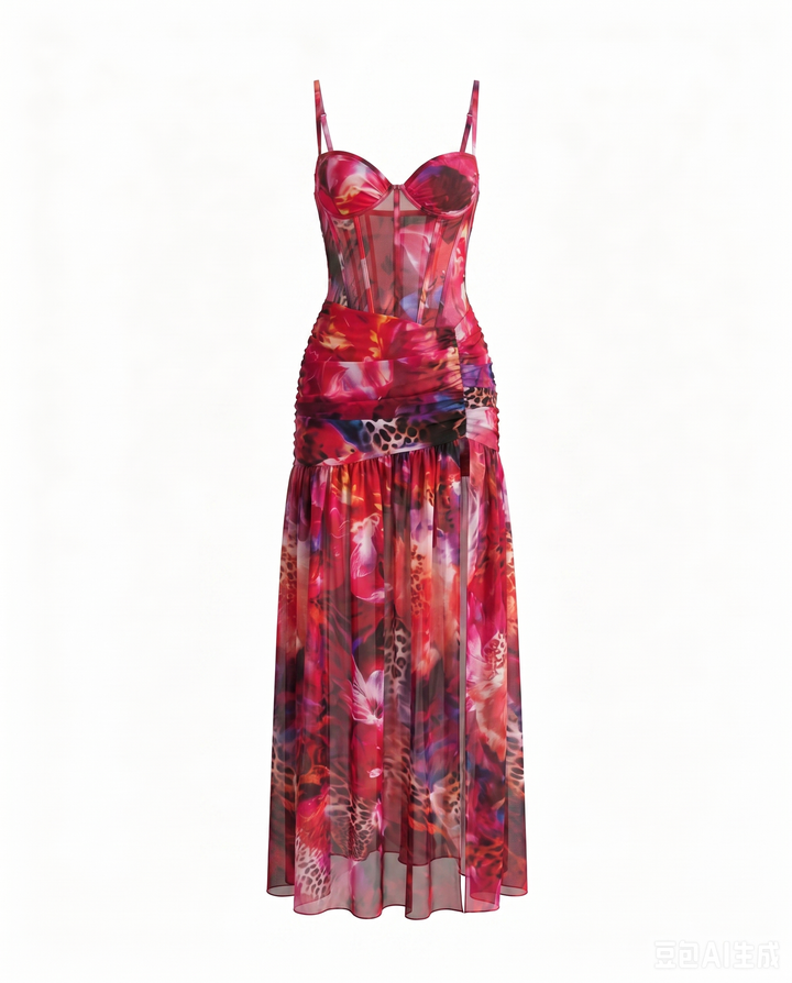 Red Floral Print Corset High Slit Mesh Maxi Dress