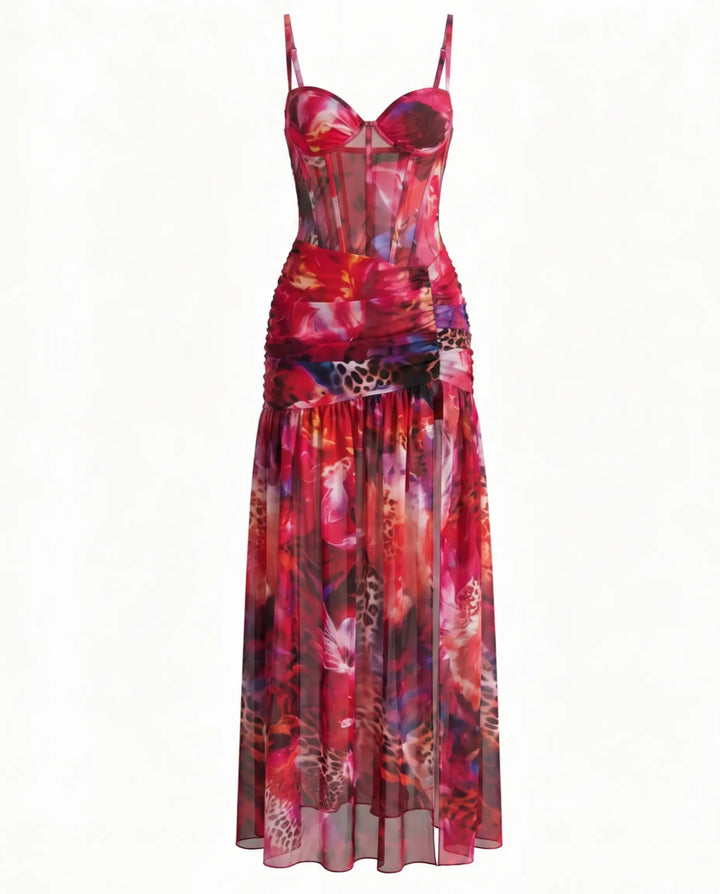 Red Floral Print Corset High Slit Mesh Maxi Dress