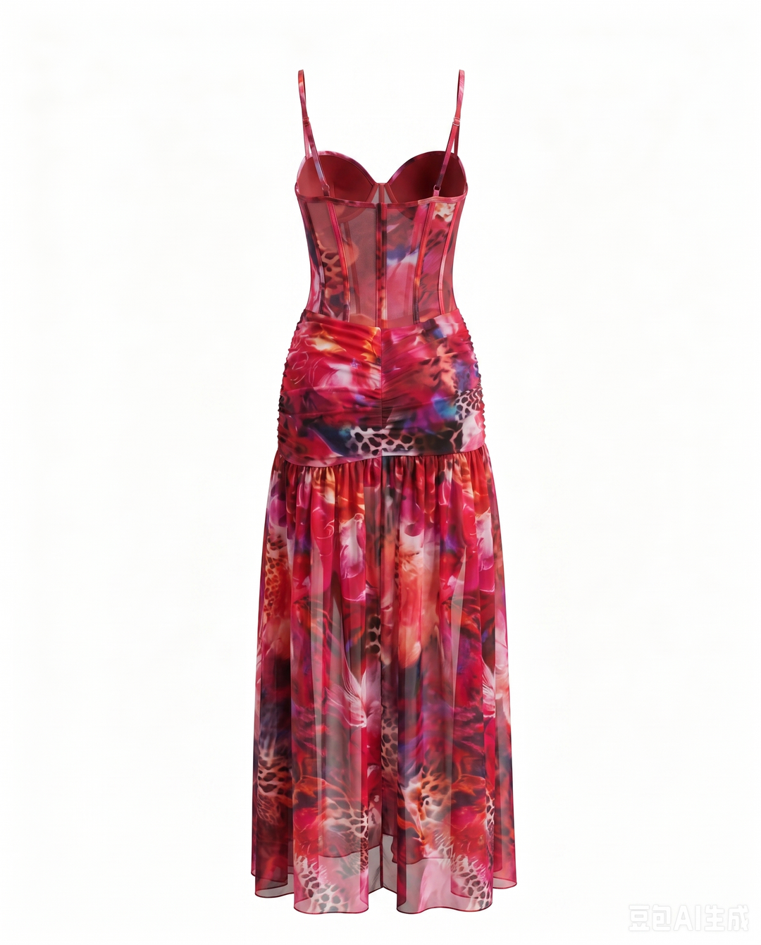 Red Floral Print Corset High Slit Mesh Maxi Dress
