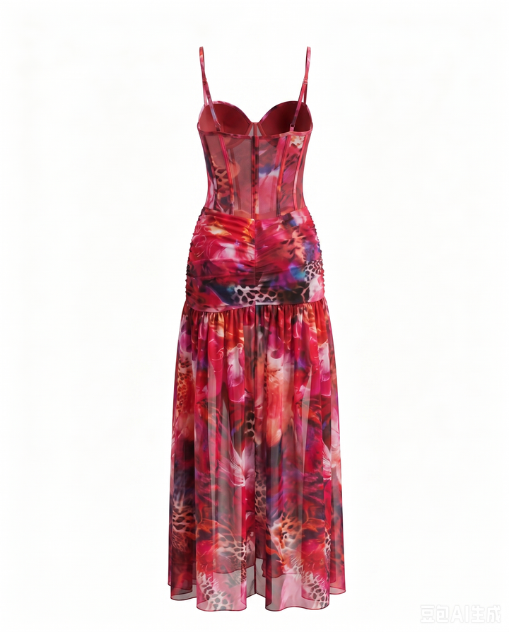 Red Floral Print Corset High Slit Mesh Maxi Dress