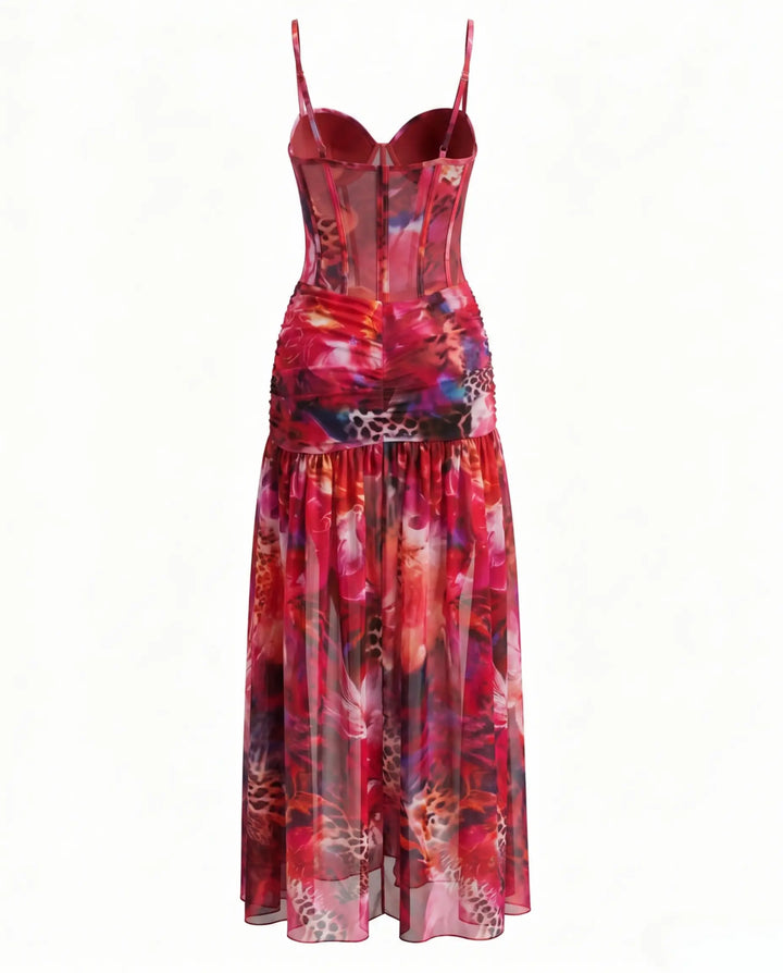 Red Floral Print Corset High Slit Mesh Maxi Dress