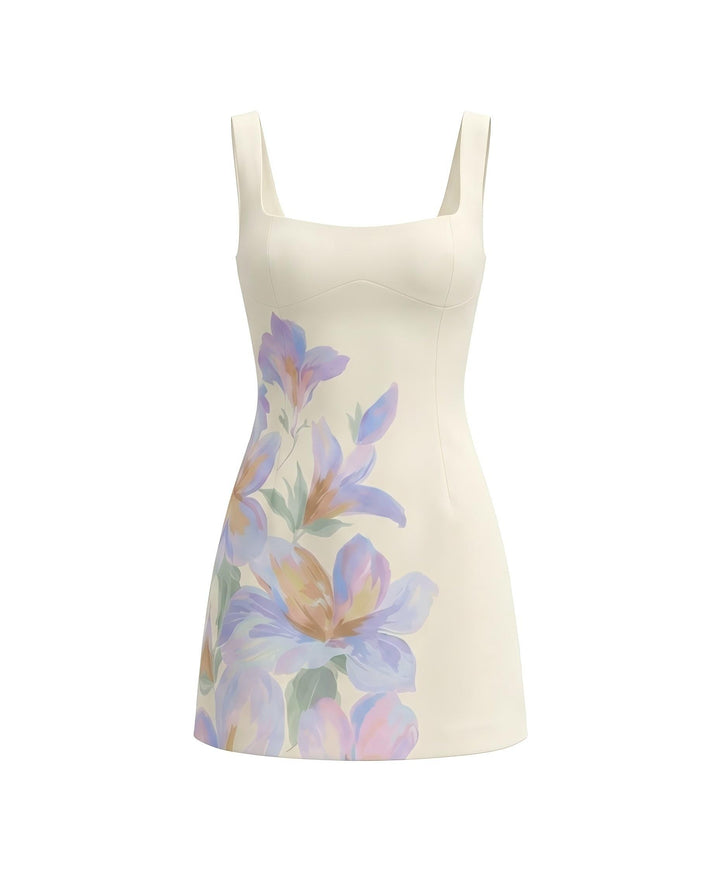 Square Neck Sleeveless Watercolor Floral Print Mini Dress