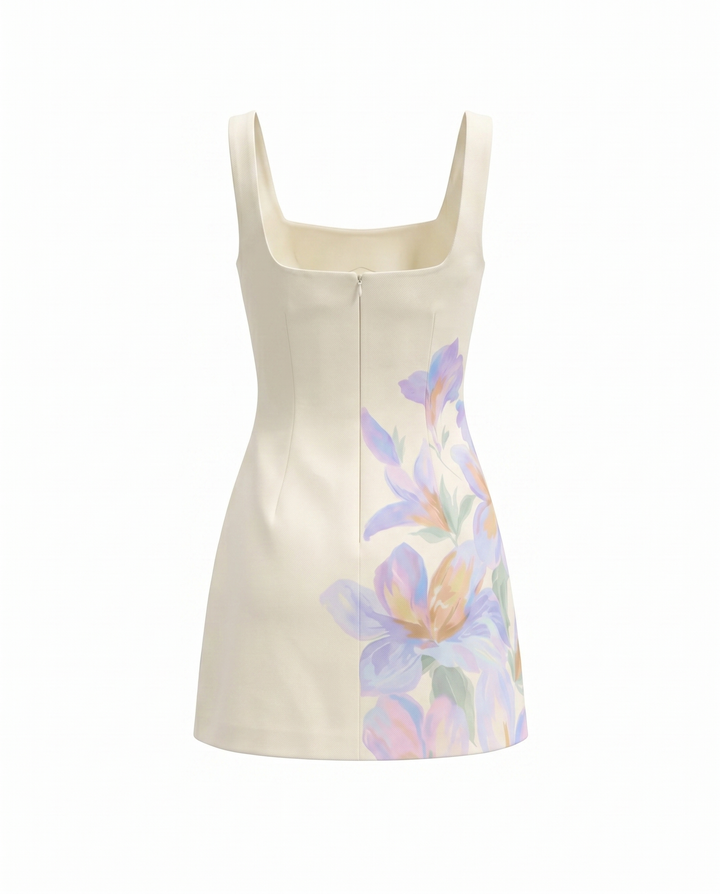 Square Neck Sleeveless Watercolor Floral Print Mini Dress