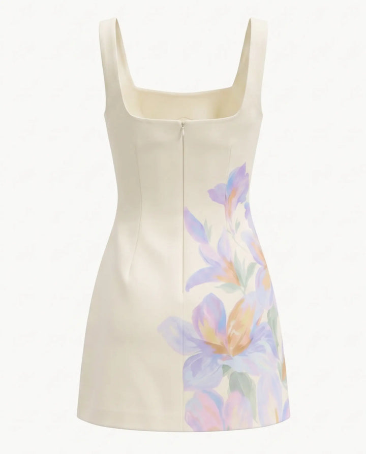 Square Neck Sleeveless Watercolor Floral Print Mini Dress