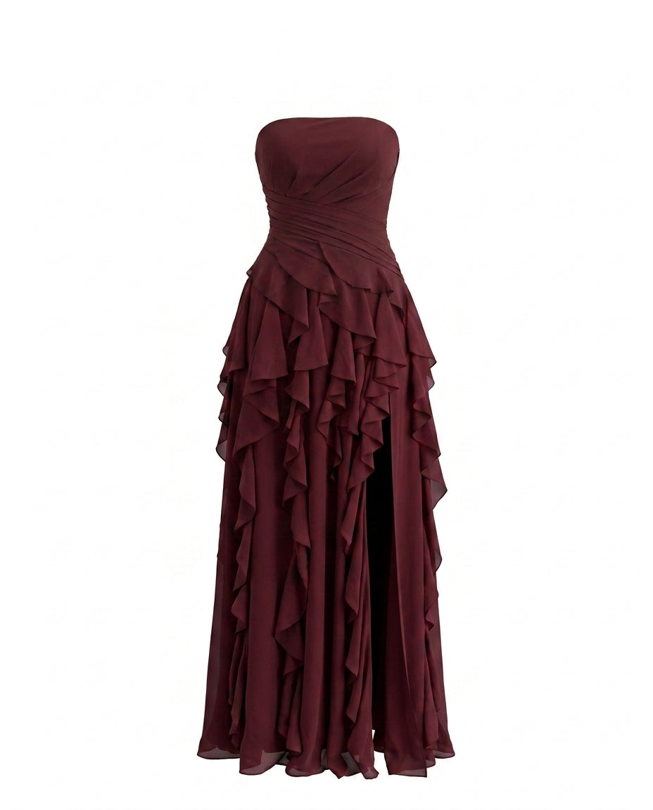Burgundy Strapless Ruched Waist Cascading Ruffle High Slit Chiffon Maxi Dress