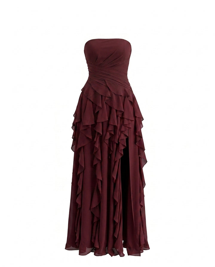 Burgundy Strapless Ruched Waist Cascading Ruffle High Slit Chiffon Maxi Dress
