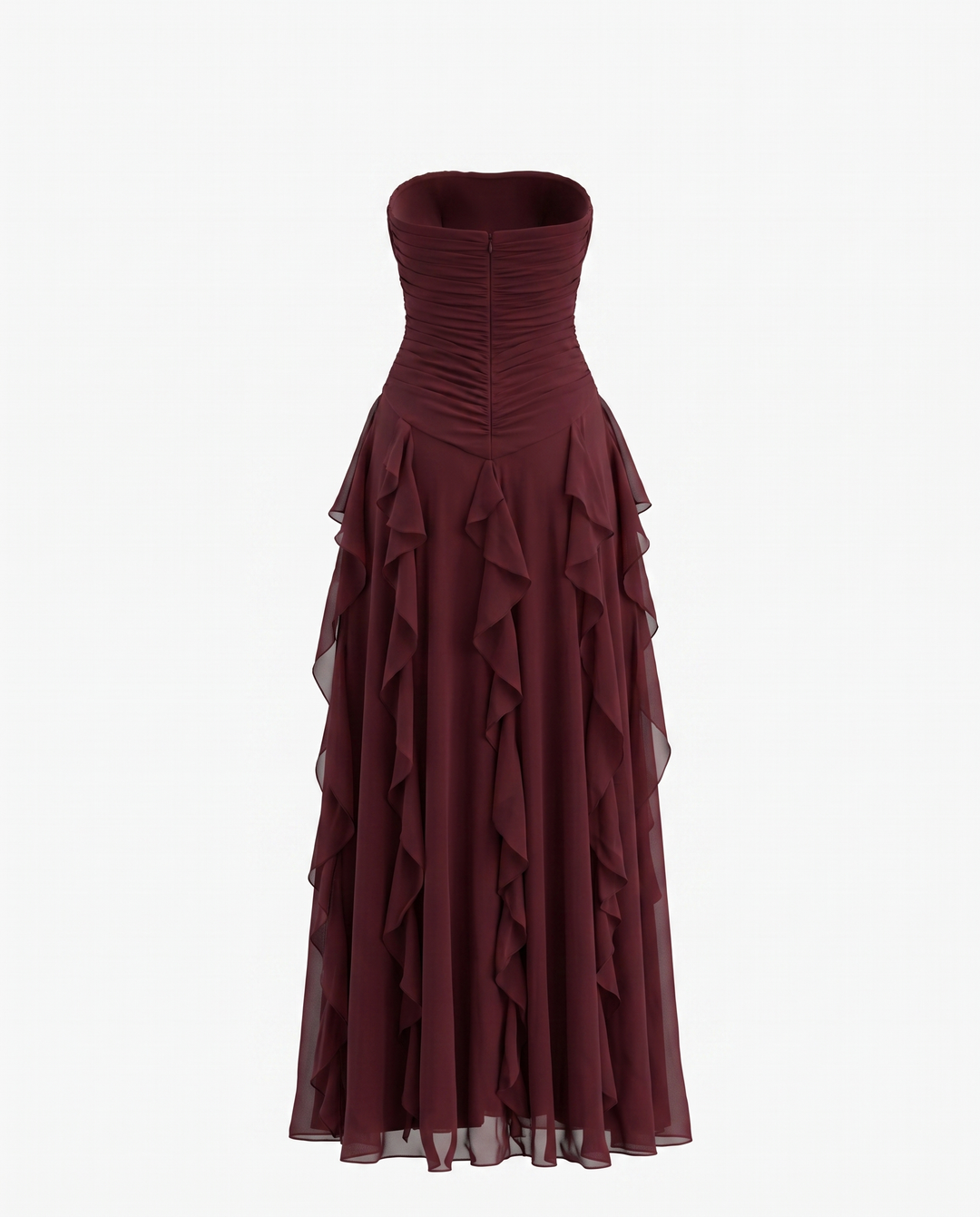 Burgundy Strapless Ruched Waist Cascading Ruffle High Slit Chiffon Maxi Dress