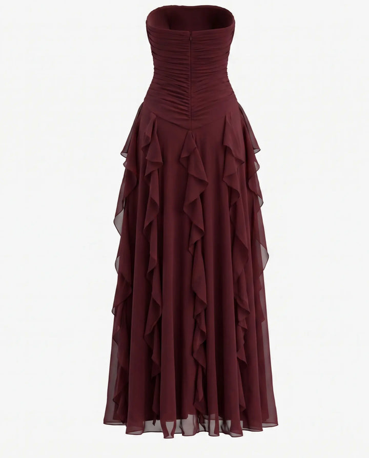 Burgundy Strapless Ruched Waist Cascading Ruffle High Slit Chiffon Maxi Dress
