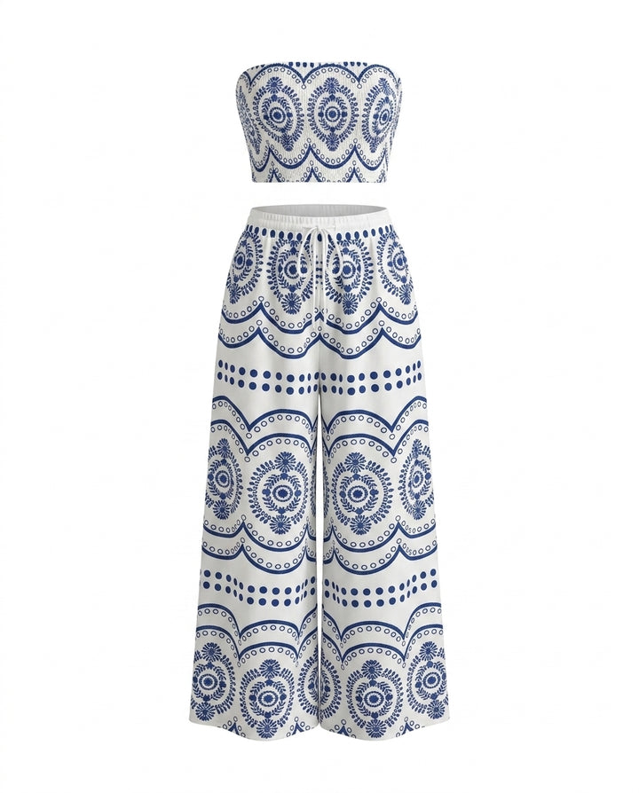 Boho Print Smocked Tube Top High Waist Wide Leg Pants Set