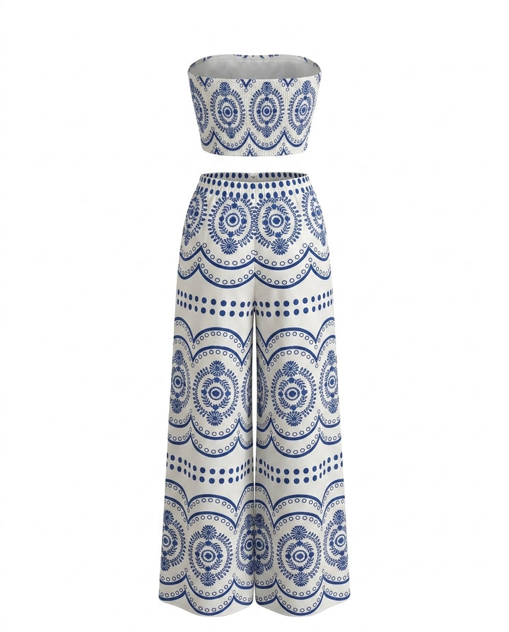 Boho Print Smocked Tube Top High Waist Wide Leg Pants Set