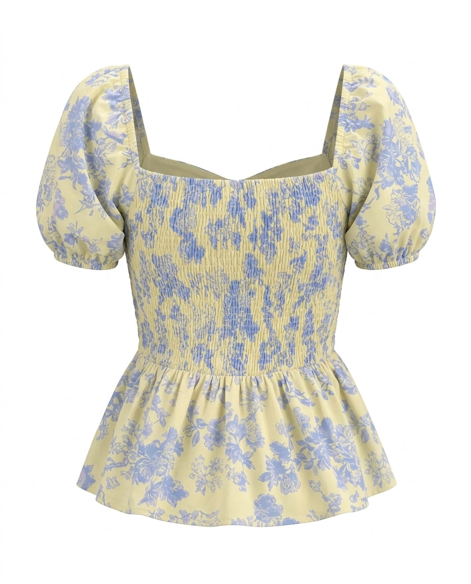 Floral Print  Sweetheart Neck Puff Sleeve Peplum Top
