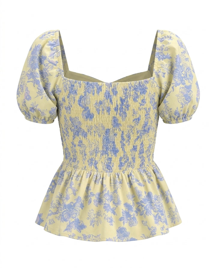 Floral Print  Sweetheart Neck Puff Sleeve Peplum Top