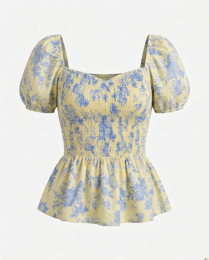 Floral Print  Sweetheart Neck Puff Sleeve Peplum Top