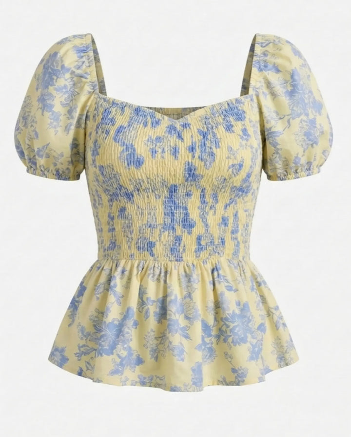 Floral Print  Sweetheart Neck Puff Sleeve Peplum Top