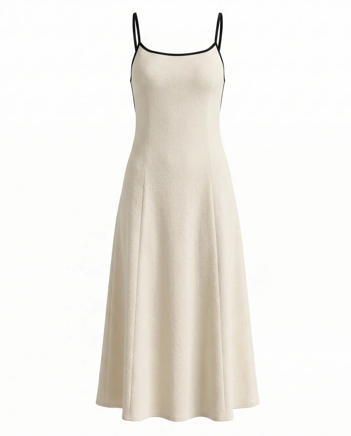 Beige Contrast Trim Open Back Tie Midi Dress