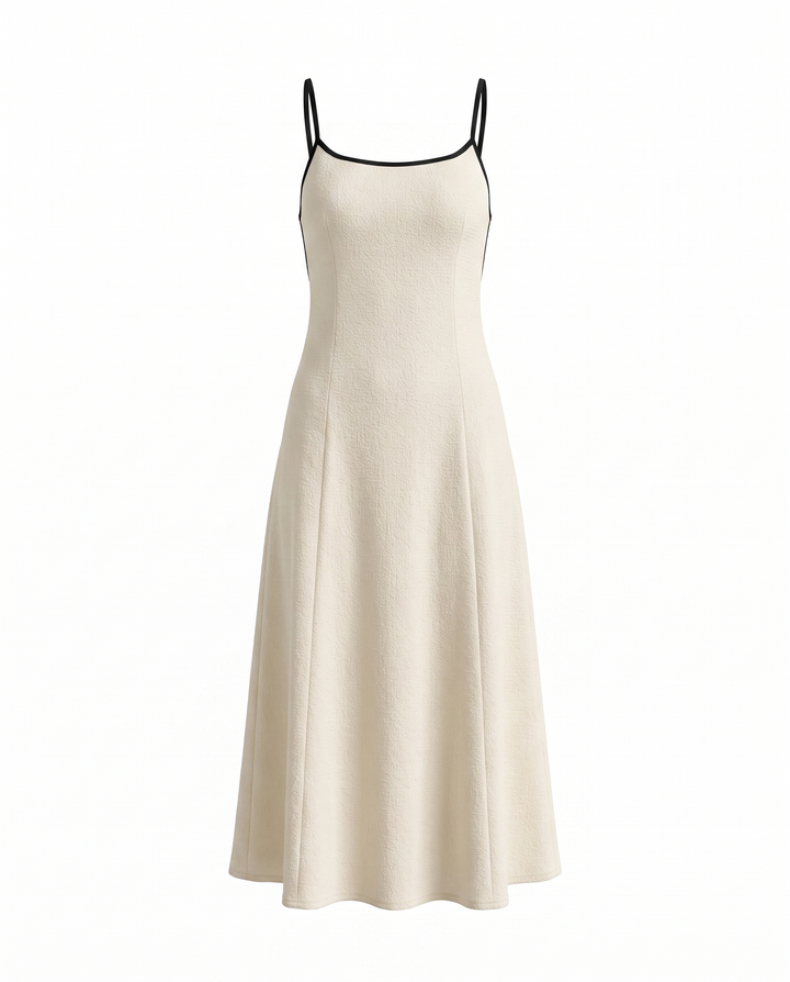 Beige Contrast Trim Open Back Tie Midi Dress