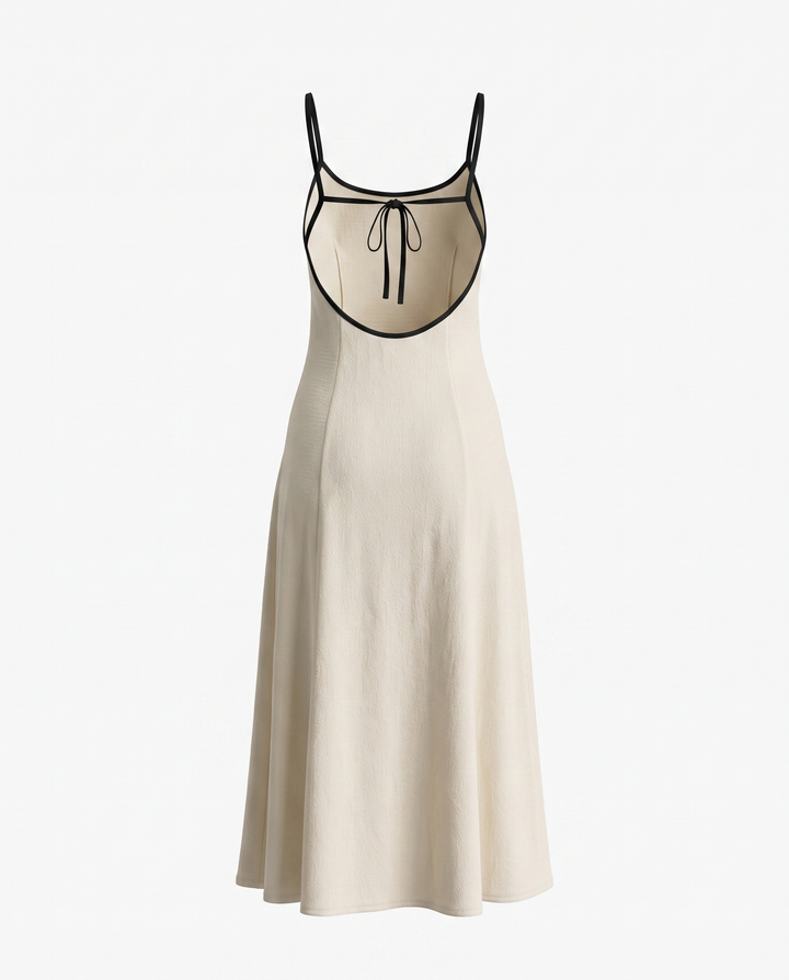 Beige Contrast Trim Open Back Tie Midi Dress