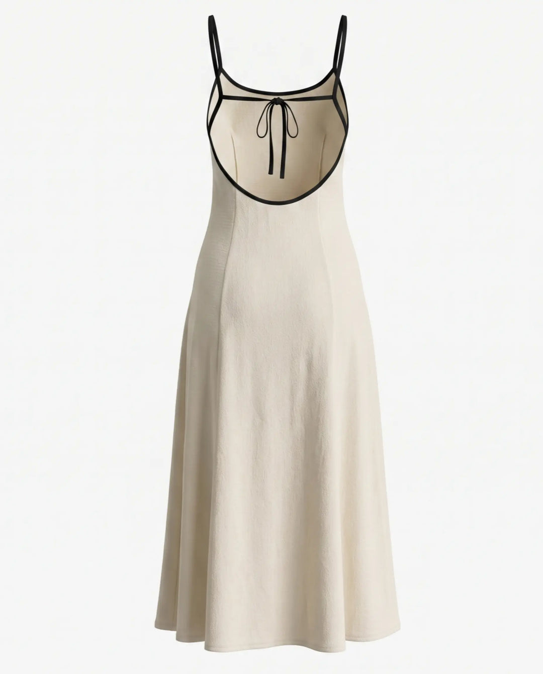 Beige Contrast Trim Open Back Tie Midi Dress