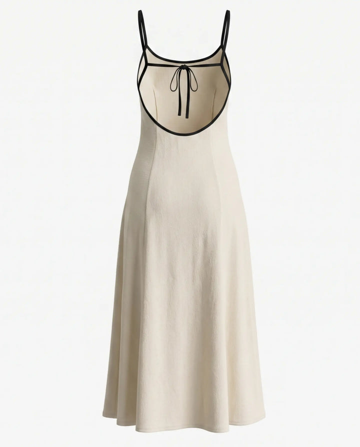 Beige Contrast Trim Open Back Tie Midi Dress
