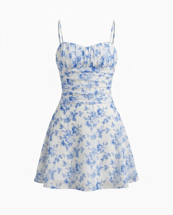 Blue Floral Print Spaghetti Strap Ruched Mini Dress