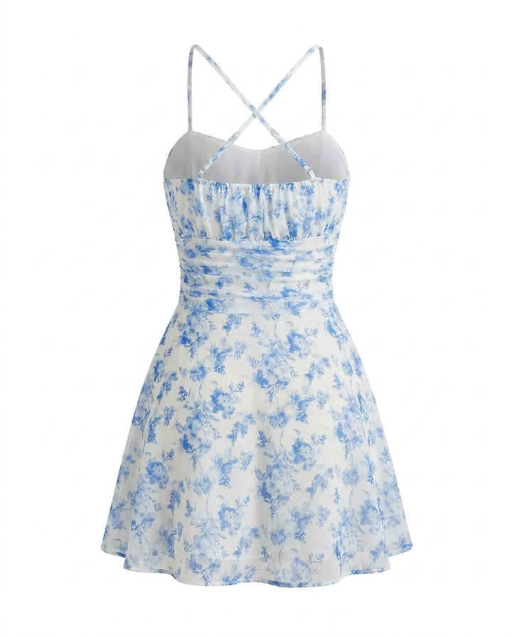 Blue Floral Print Spaghetti Strap Ruched Mini Dress