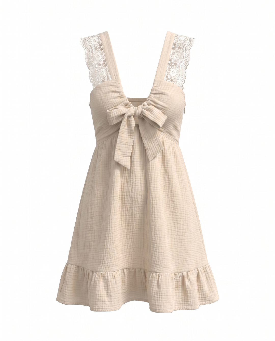Beige Textured Bow Front Lace Detail Mini Dress