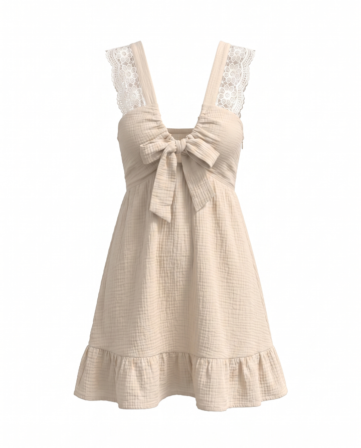 Beige Textured Bow Front Lace Detail Mini Dress