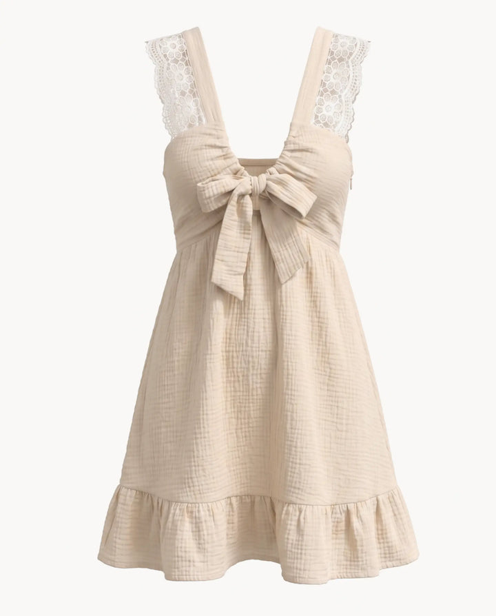 Beige Textured Bow Front Lace Detail Mini Dress