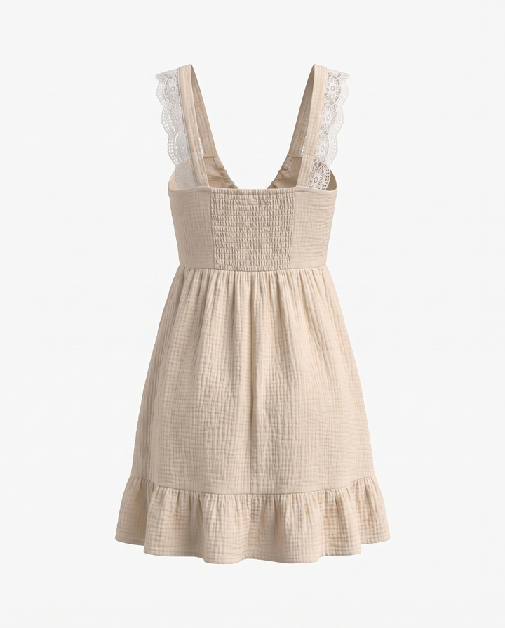 Beige Textured Bow Front Lace Detail Mini Dress