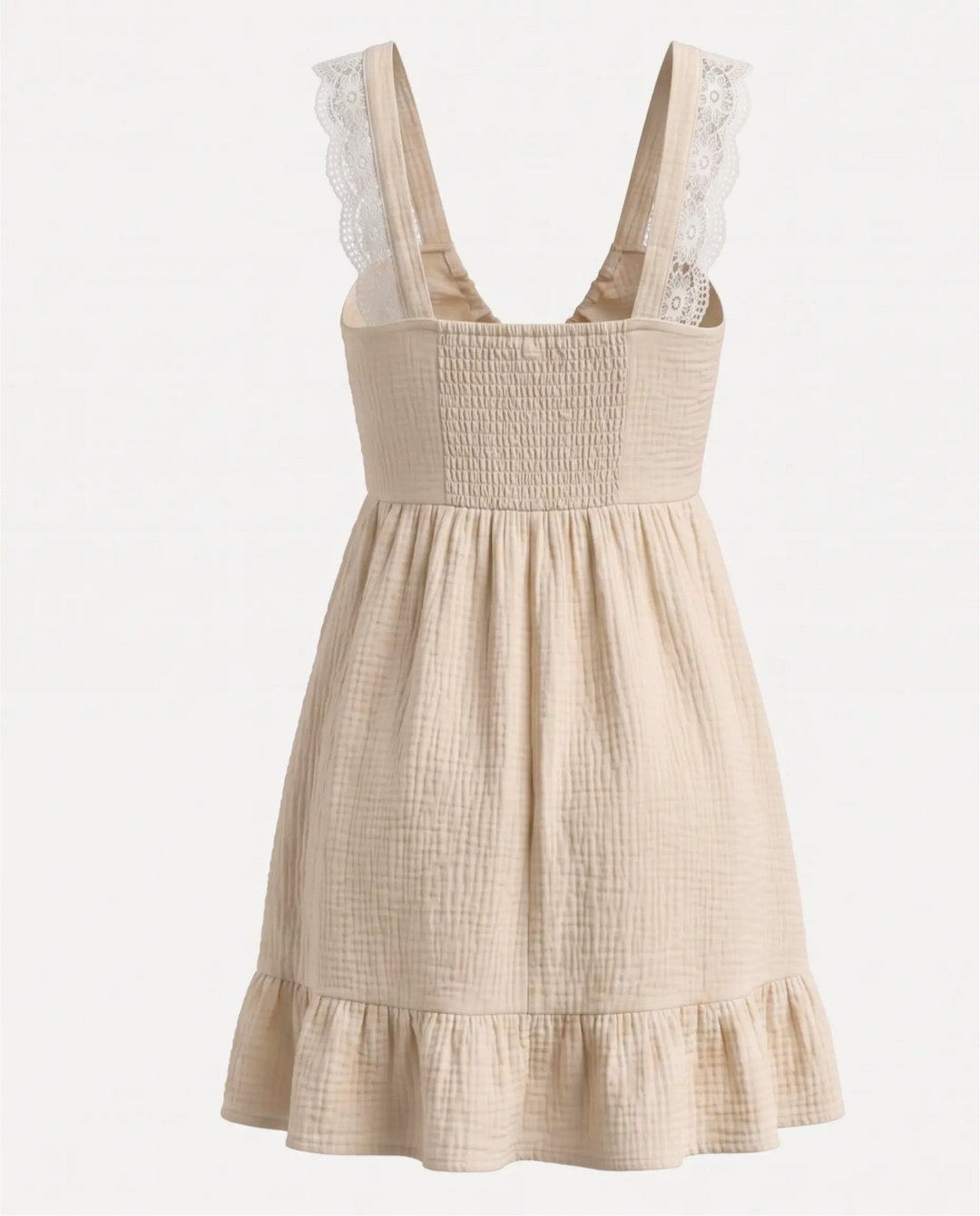 Beige Textured Bow Front Lace Detail Mini Dress