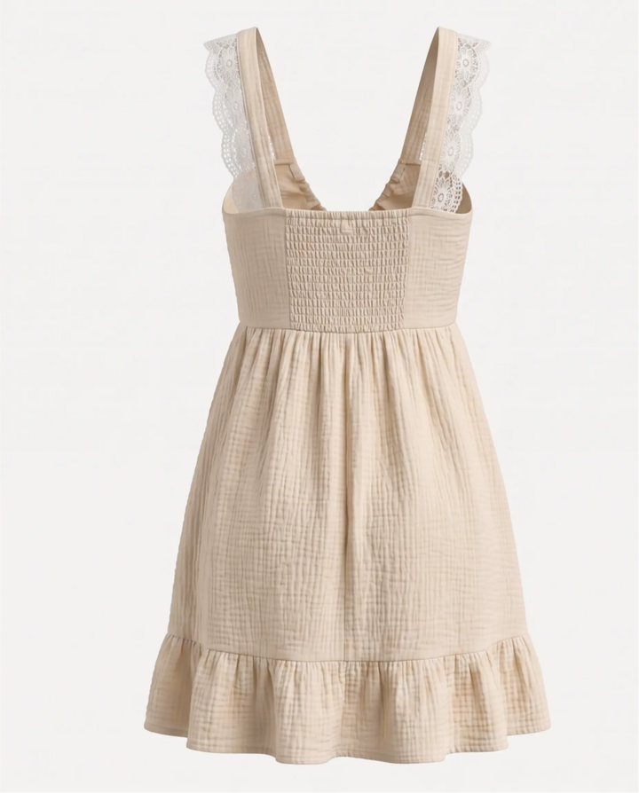 Beige Textured Bow Front Lace Detail Mini Dress