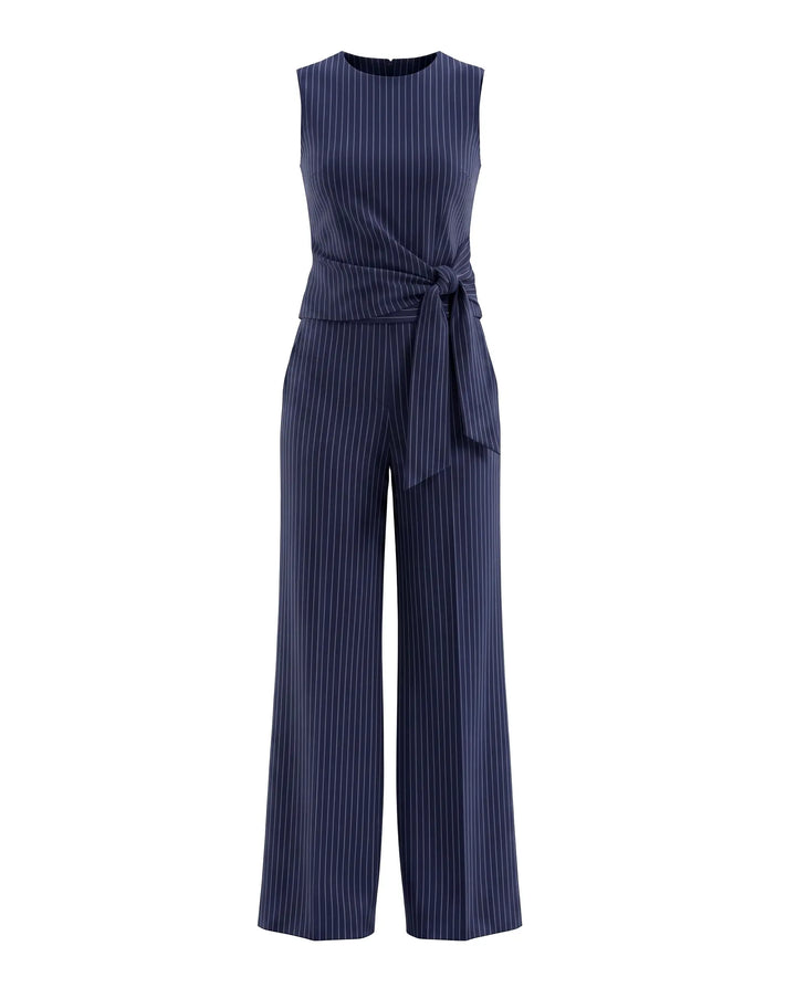 Navy Pinstripe Sleeveless Wrap Top Wide Leg Pants Set