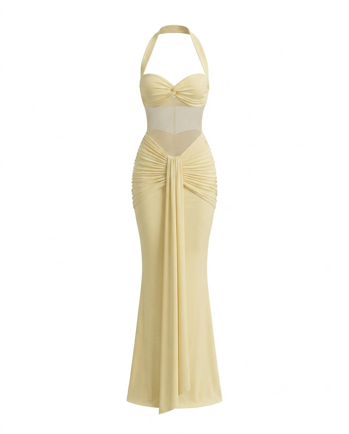 Yellow Halter Mesh Ruched Bodycon Maxi Dress