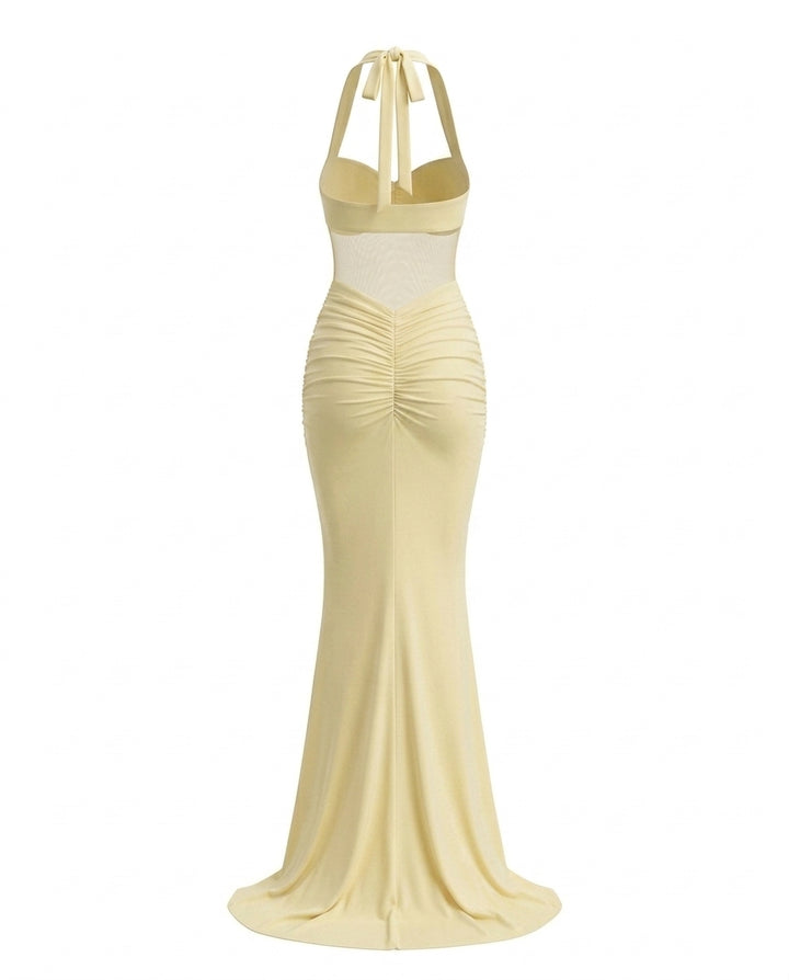 Yellow Halter Mesh Ruched Bodycon Maxi Dress