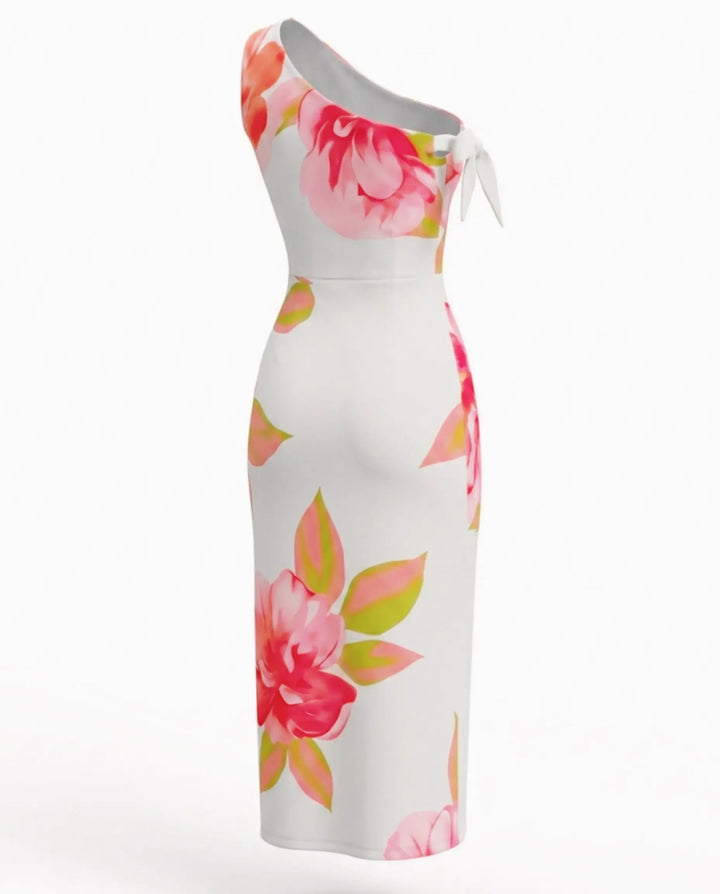 White Floral Print One-Shoulder Bodycon Maxi Dress