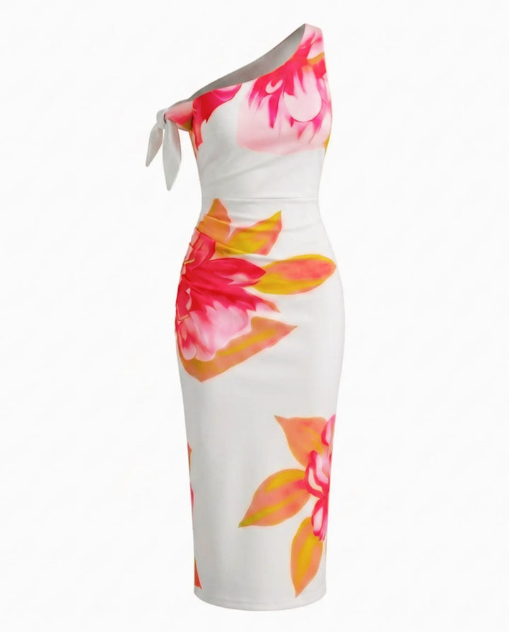 White Floral Print One-Shoulder Bodycon Maxi Dress