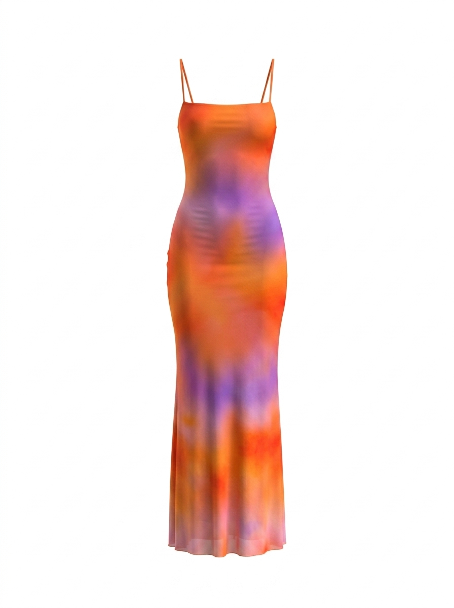 Orange Purple Sunset Ombre Print Strapless Maxi Dress