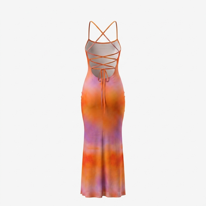 Orange Purple Sunset Ombre Print Strapless Maxi Dress