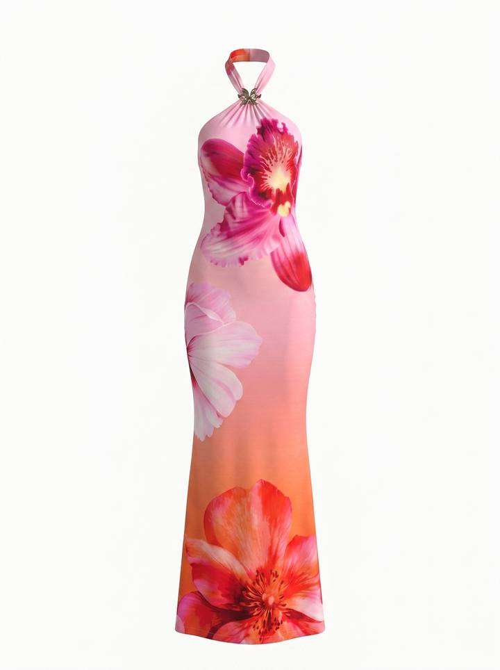 Pink Orange Floral Print Halter Neck Bodycon Maxi Dress