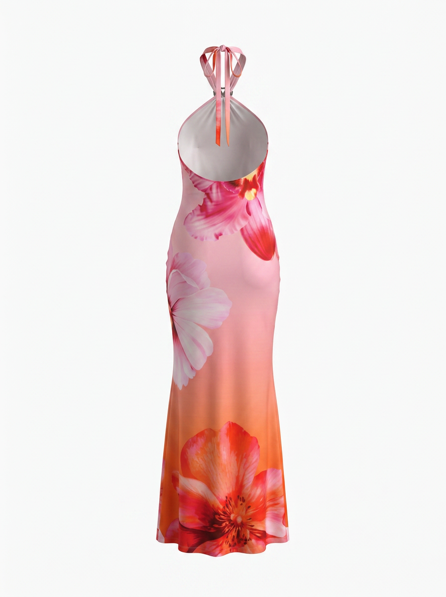 Pink Orange Floral Print Halter Neck Bodycon Maxi Dress