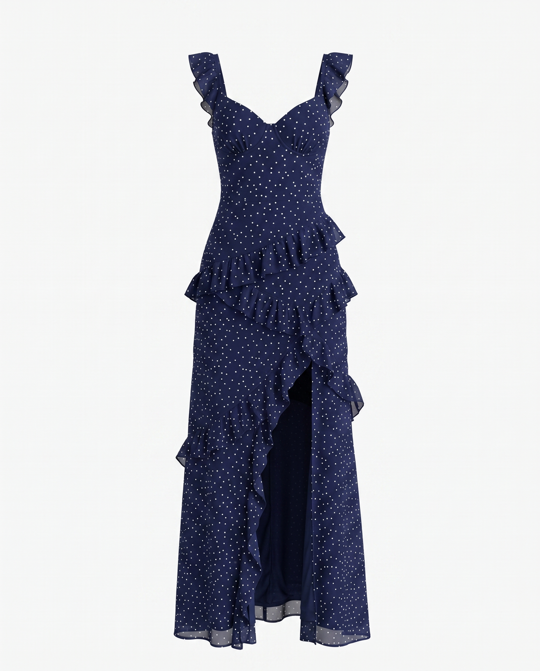 Blue Polka Dot Ruffle Strap High Slit Maxi Dress