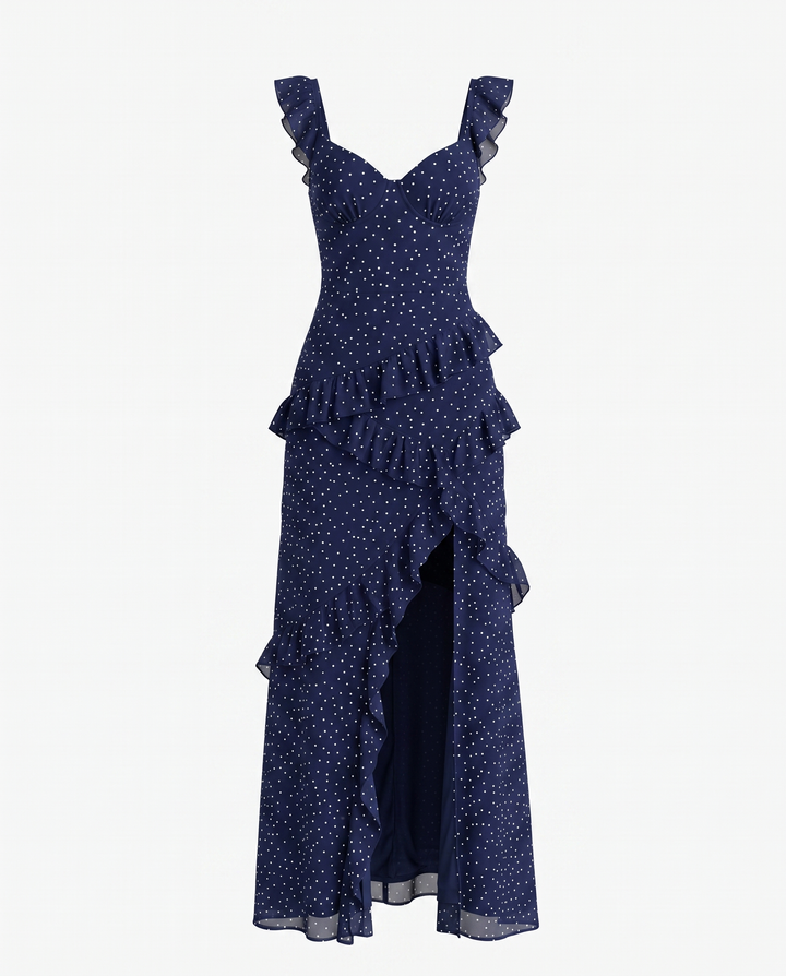 Blue Polka Dot Ruffle Strap High Slit Maxi Dress